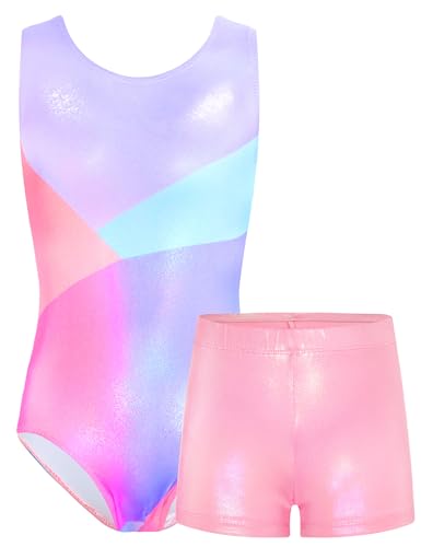 TENVDA Gymnastics Leotards for Girls Tumbling Outfit Size 10-12 Years Old Sparkly Pink Blue Bodysuit Matching Shorts Sets - Image 1