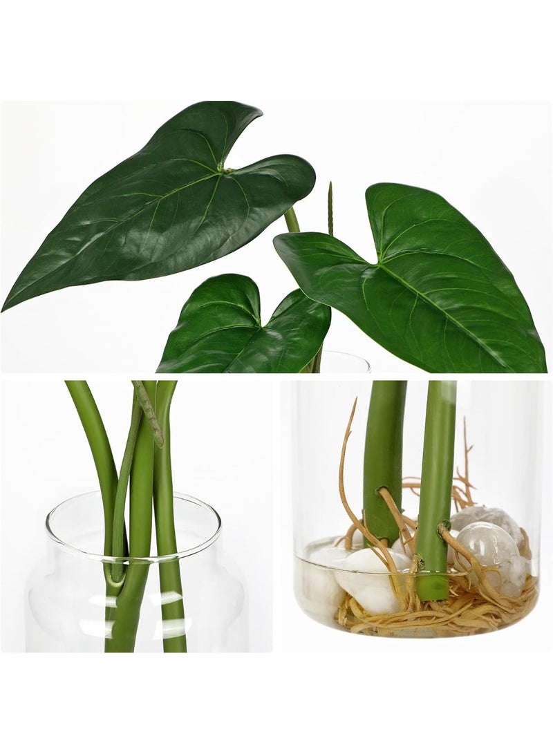 Artificial Tropical Plant in Glass Vase with Faux Water & Pebbles, 16.5" Taro Leaves Greenery for Home Decor - Image 4