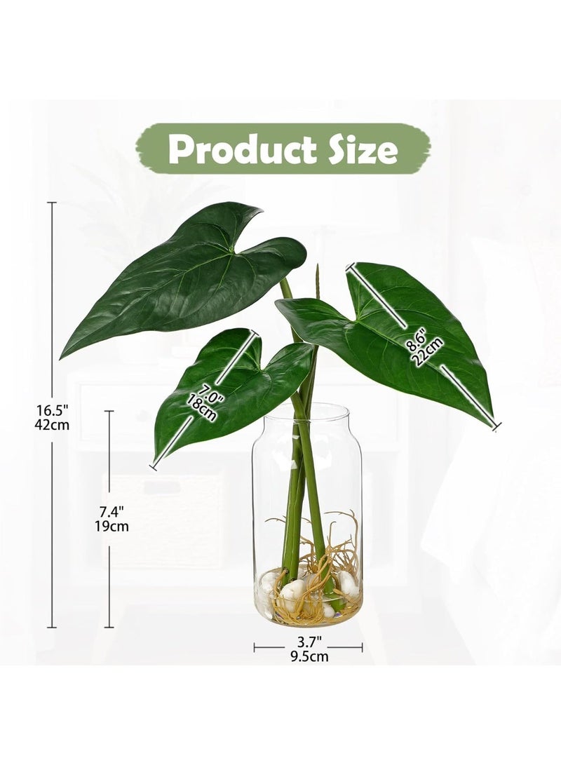 Artificial Tropical Plant in Glass Vase with Faux Water & Pebbles, 16.5" Taro Leaves Greenery for Home Decor - Image 2