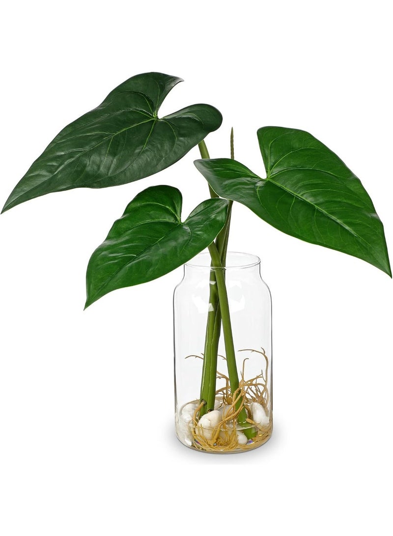 Artificial Tropical Plant in Glass Vase with Faux Water & Pebbles, 16.5" Taro Leaves Greenery for Home Decor - Image 1