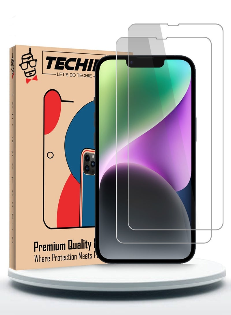 Techie 2 Pack HD Tempered Glass Screen Protector for Apple iPhone 14 - Anti Reflection Anti Bubbles 9H Hardness 0.33 mm Rounded Edges Easy Installation - Image 1