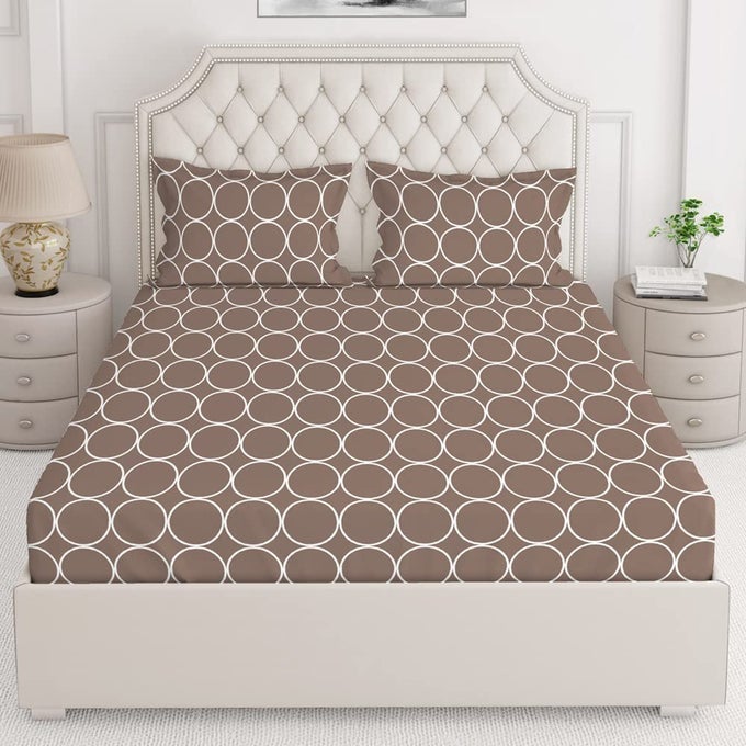 CLASSIC 100 COTTON BEDSHEET SET FOR ALL SEASONS LIGHTWEIGHT MOISTURE ABSORBENT MACHINE WASHABLE EASY TO CARE 104 TC QUEEN SIZE BROWN CIRCLE GEOMETRY PATTERN