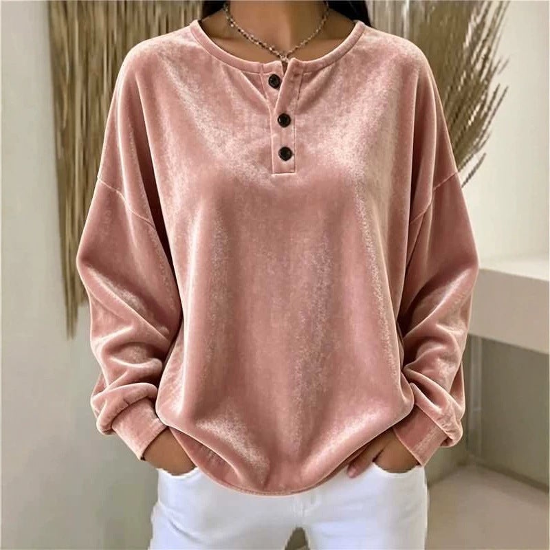 بلوفر نسائي فضفاض من المخمل بأزرار بأكمام طويلة كاجوال - Image 4