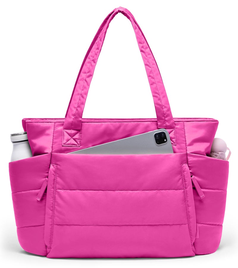 Uselike Tote Bag for Women with Zipper, Quilted Puffer Tote Bag with Compartments, Lightweight Puffy Work Bags for Women Travel (Raspberry Pink - Image 1