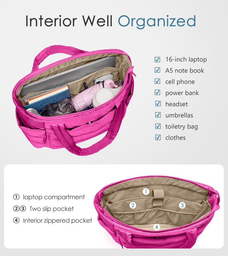Uselike Tote Bag for Women with Zipper, Quilted Puffer Tote Bag with Compartments, Lightweight Puffy Work Bags for Women Travel (Raspberry Pink - Image 4