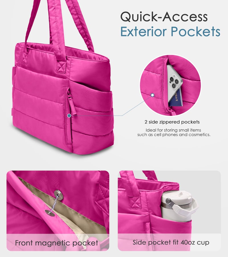 Uselike Tote Bag for Women with Zipper, Quilted Puffer Tote Bag with Compartments, Lightweight Puffy Work Bags for Women Travel (Raspberry Pink - Image 3