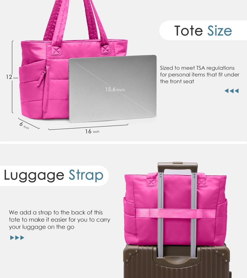Uselike Tote Bag for Women with Zipper, Quilted Puffer Tote Bag with Compartments, Lightweight Puffy Work Bags for Women Travel (Raspberry Pink - Image 5