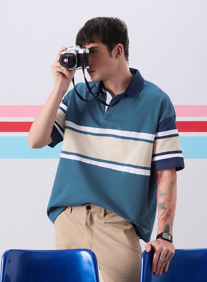 The Souled Store Men Blue Color Block Oversized Polo