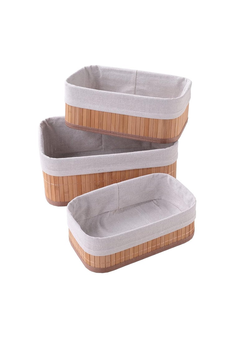 Kuber Industries Kuber Industries Pack of 3 Bamboo Storage Basket With Liner|Fodable Storage Organizer|Box For Cloth, Toiletry, Bathroom|Capacity 7L, 4.8L, 2.8L|Natural|  - Image 1