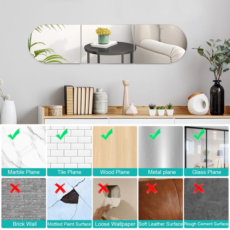 QEEYON Arched Full Length Mirror Wall Mounted 16''x12'' x 3PCS Frameless Glass Full Body Mirror Tiles for Wall, Door, Living Room, Bathroom, Bedroom, Cloakroom, Entryway Decor - Image 5