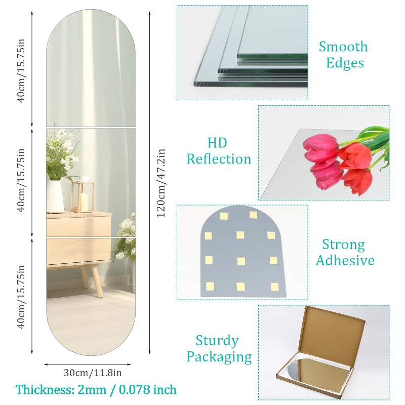 QEEYON Arched Full Length Mirror Wall Mounted 16''x12'' x 3PCS Frameless Glass Full Body Mirror Tiles for Wall, Door, Living Room, Bathroom, Bedroom, Cloakroom, Entryway Decor - Image 2