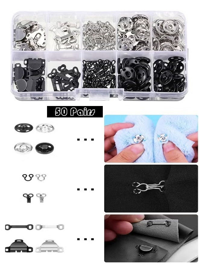 100 Pieces 3 Styles Skirt Hook and Eye Set, Sewing Snap Clothing Tools with Metal Snaps, Garment Snaps for Skirts, Bras, Jeans, DIY Sewing (Black and Silver with Storage Box) - Image 1