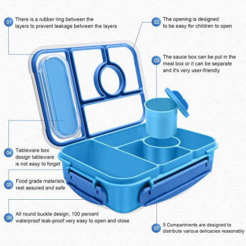 Amathley Bento Box Adult Lunch Box Kids,Lunch Containers for Adults/Kids/Toddler,5 Compartments Bento Lunch Box with Sauce Vontainers,Microwave & Dishwasher & Freezer Safe,BPA-Free(Blue) - Image 2