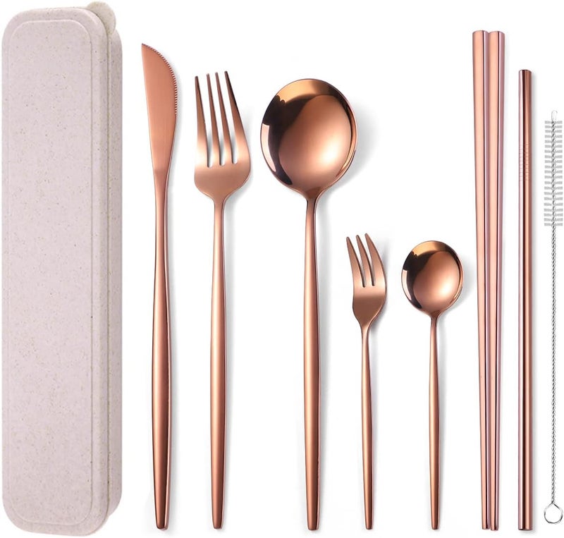 AARainbow 8 Pieces Stainless Steel Flatware Set Portable Reusable Cutlery Set Travel Utensils Set Including Chopsticks Knife Fork Spoon Straws Cleaning Brush Dishwasher Safe (Rose Golden) - Image 1