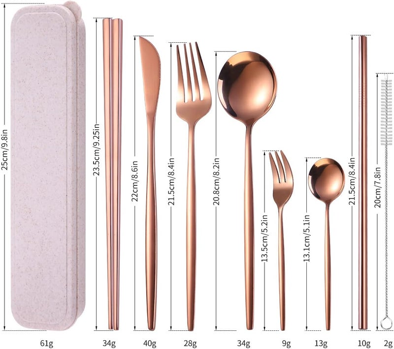 AARainbow 8 Pieces Stainless Steel Flatware Set Portable Reusable Cutlery Set Travel Utensils Set Including Chopsticks Knife Fork Spoon Straws Cleaning Brush Dishwasher Safe (Rose Golden) - Image 2