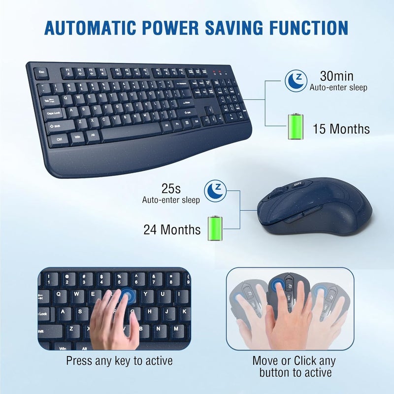 EDJO Wireless Keyboard and Mouse Combo, 2.4G Full-Sized Ergonomic Computer Keyboard with Wrist Rest and 3 Level DPI Adjustable Wireless Mouse for Windows, Mac OS Desktop/Laptop/PC(Galaxy Blue) - Image 2