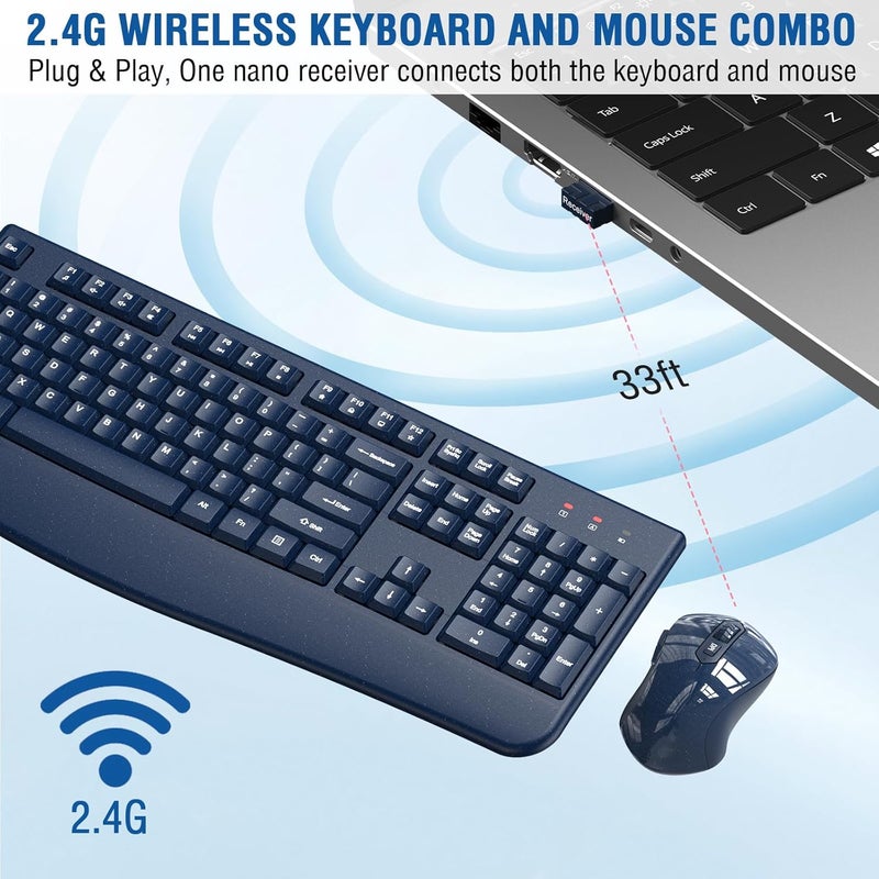 EDJO Wireless Keyboard and Mouse Combo, 2.4G Full-Sized Ergonomic Computer Keyboard with Wrist Rest and 3 Level DPI Adjustable Wireless Mouse for Windows, Mac OS Desktop/Laptop/PC(Galaxy Blue) - Image 3