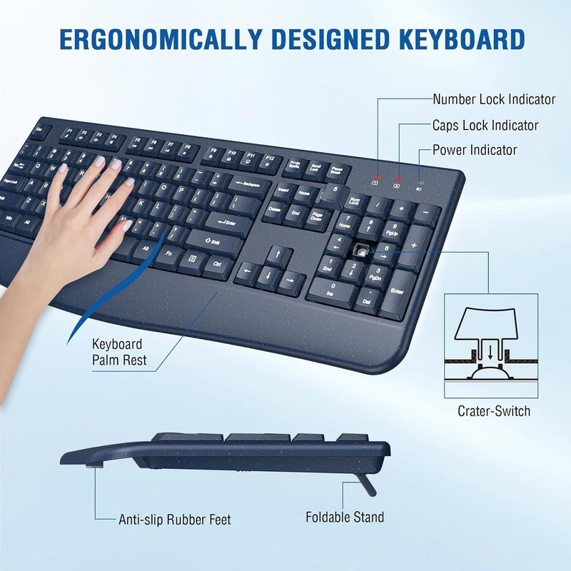 EDJO Wireless Keyboard and Mouse Combo, 2.4G Full-Sized Ergonomic Computer Keyboard with Wrist Rest and 3 Level DPI Adjustable Wireless Mouse for Windows, Mac OS Desktop/Laptop/PC(Galaxy Blue) - Image 4