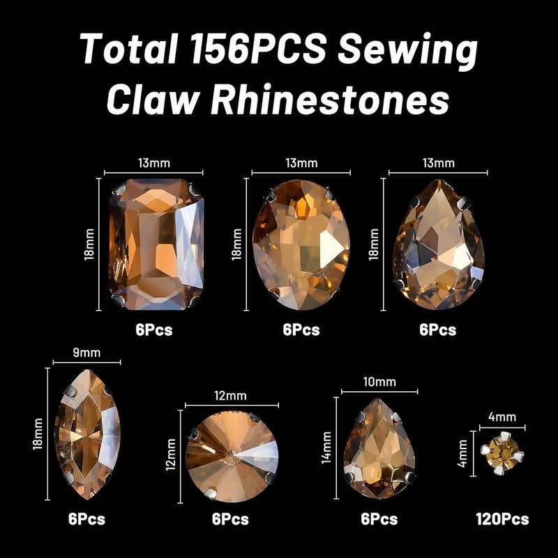 WILLBOND 156 Pcs Sew on Rhinestones Claw Flatback Crystal Rhinestones Metal Prong Setting Gems Acrylic Glass Sewing Gems for Clothes DIY Craft Shoes Dress Jewelry Making(Golden Champagne) - Image 3