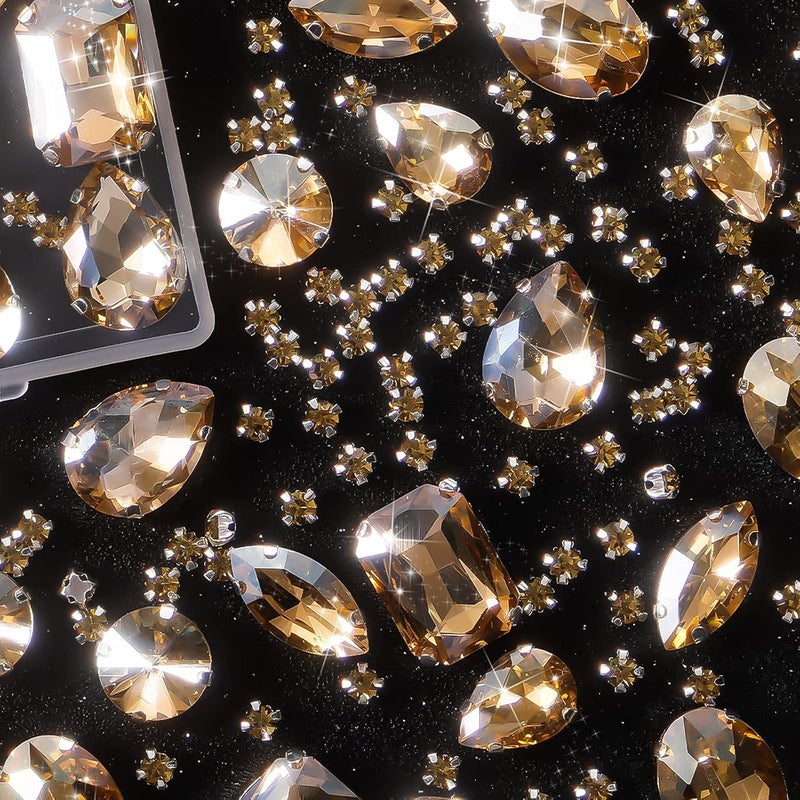 WILLBOND 156 Pcs Sew on Rhinestones Claw Flatback Crystal Rhinestones Metal Prong Setting Gems Acrylic Glass Sewing Gems for Clothes DIY Craft Shoes Dress Jewelry Making(Golden Champagne) - Image 2