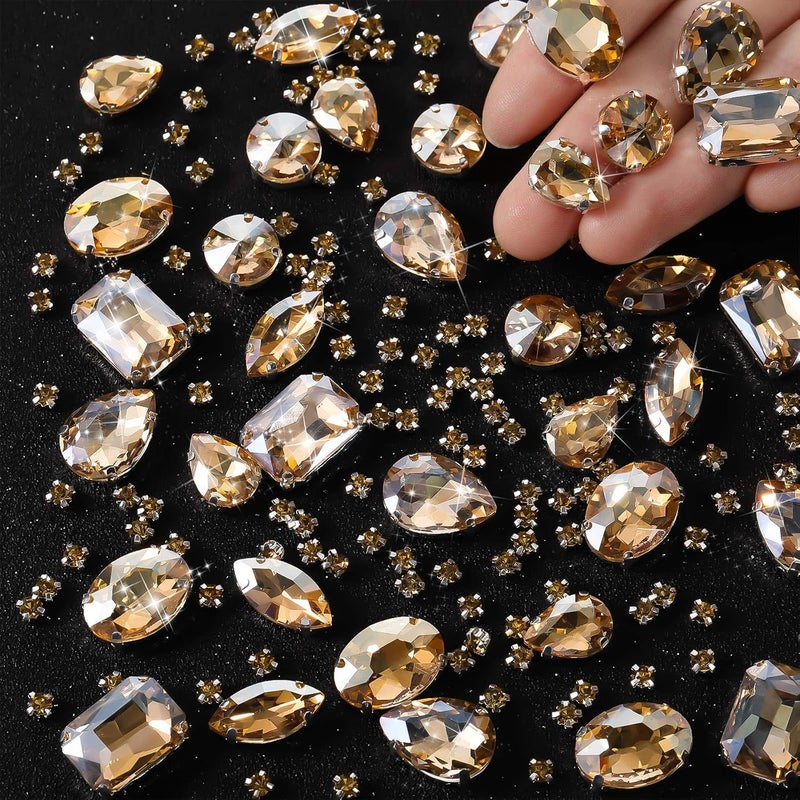 WILLBOND 156 Pcs Sew on Rhinestones Claw Flatback Crystal Rhinestones Metal Prong Setting Gems Acrylic Glass Sewing Gems for Clothes DIY Craft Shoes Dress Jewelry Making(Golden Champagne) - Image 1