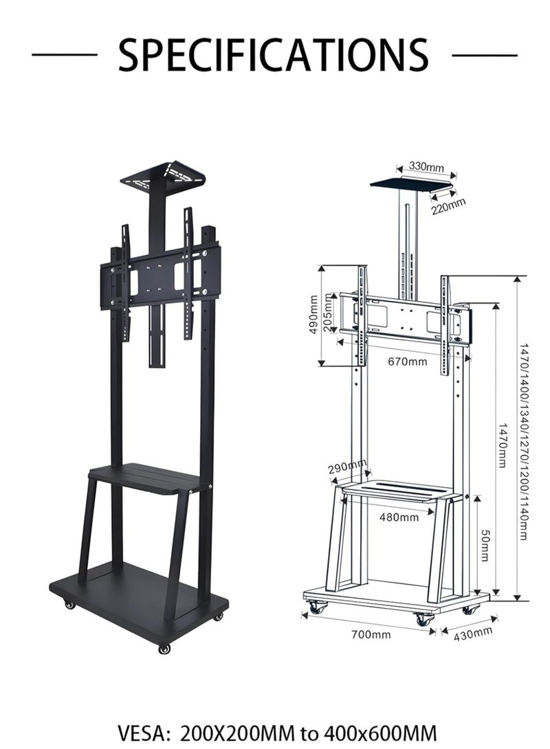 Premium Heavy Duty Full Motion TV Trolley Stand – Adjustable Floor Mount with Brackets for 32 to 75 LED, LCD u0026 Plasma TVs, 3 Shelves, VESA 100x100 to 600x400mm - Image 3