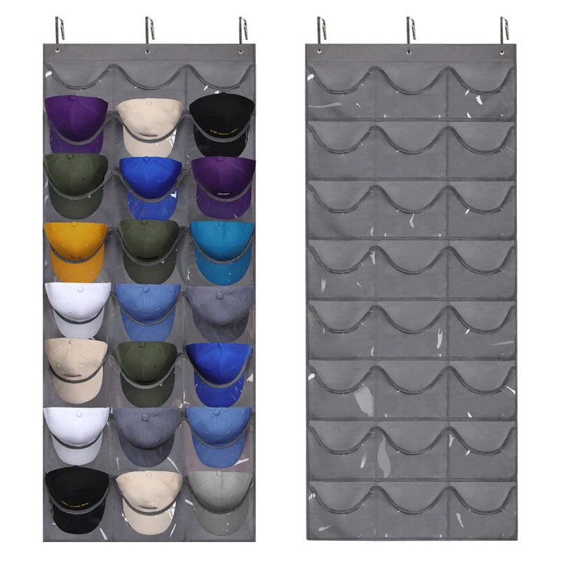 Dofilachy Dofilachy Hat Rack Organizer for Baseball Caps  Visible Holder With 3 Hooks 24 Deep Pockets for Wall Door Dark Grey 1 Pack