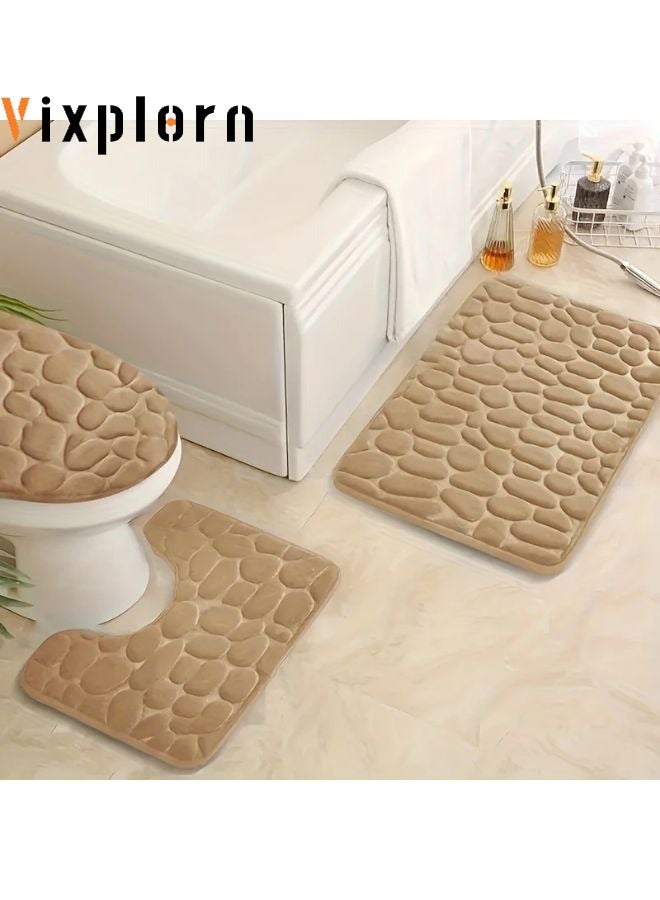 Vixplorn Bathroom Rugs Sets 3 Pieces, Ultra Soft Plush Bath Mats for Bathroom, Polyester Fiber Stone Embossed Toilet Lid Cover Floor Mats Bathtub Side Absorbent Carpets - Image 1