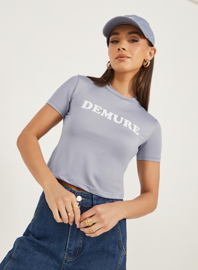 Styli Slogan Print Round Neck Crop T-Shirt  - Image 1