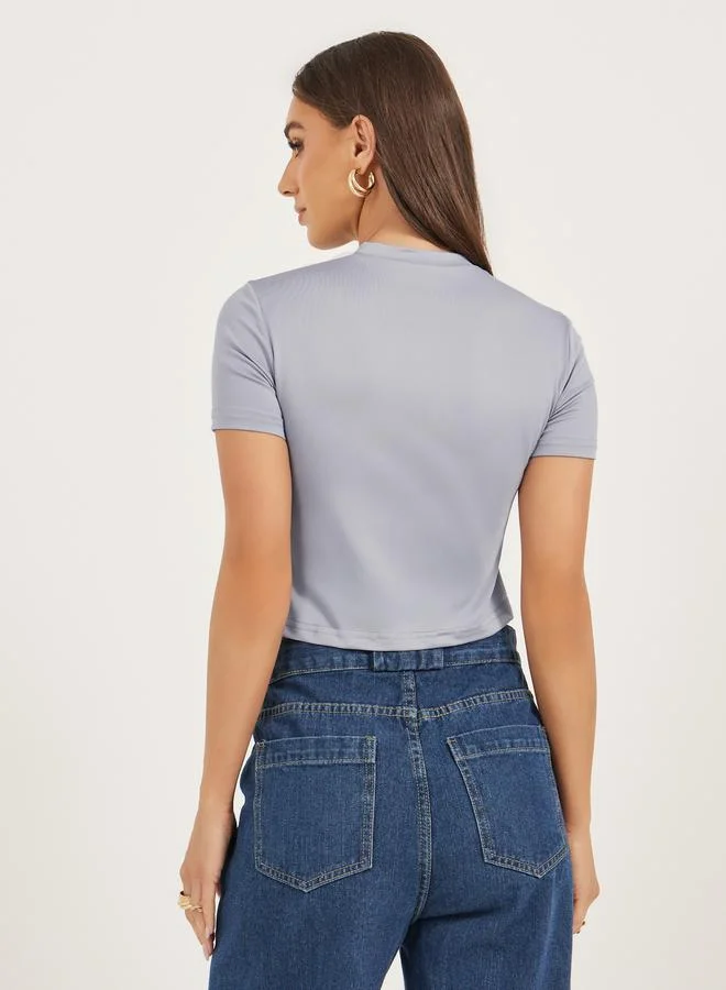 Styli Slogan Print Round Neck Crop T-Shirt