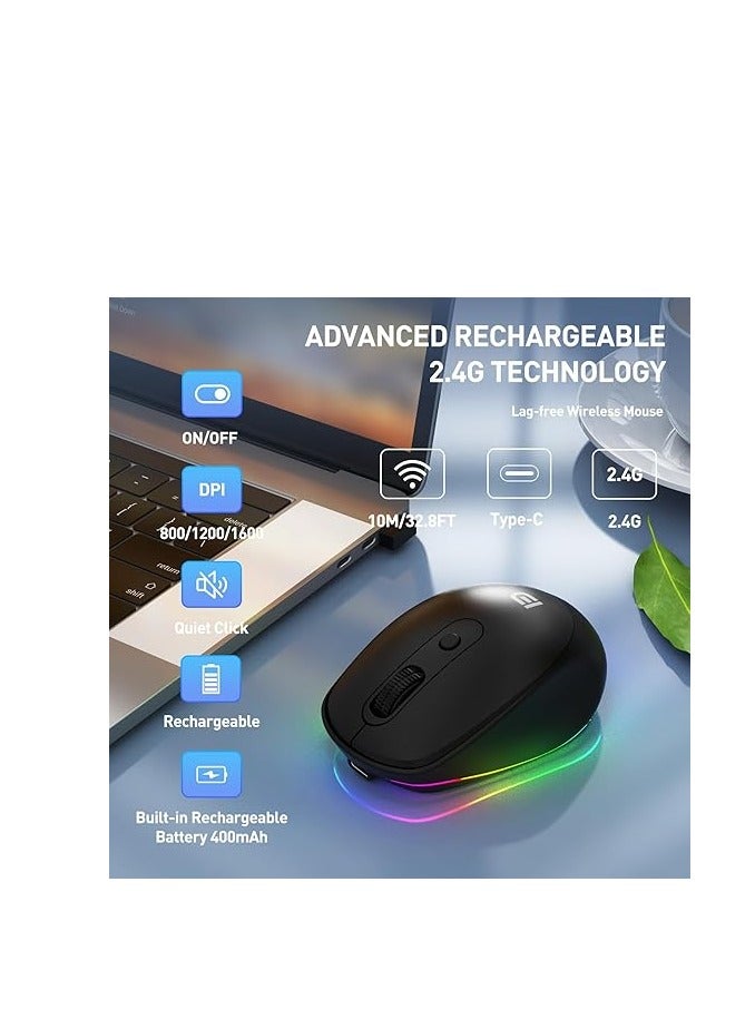 F&D 2.4GHz Rechargeable LED Wireless Mouse with USB Nano Receiver Built-in 3.7V 400mAh Battery 1600 DPI Portable for Laptop, PC, MacBook, Chromebook M900S Black - Image 2