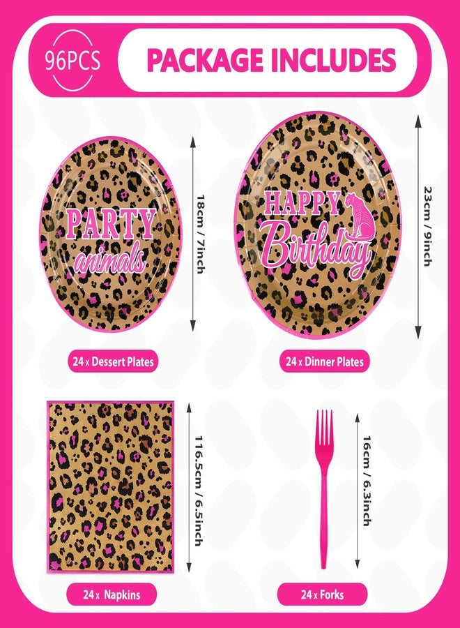 Grencian 96Pcs Leopard Print Party Supplies Hot Pink Cheetah Print Plates and Napkins Tableware Sets Animal Jungle Safari Birthday Decorations for Safari Animal Leopard Theme Baby Shower Party Serves 24 - Image 2