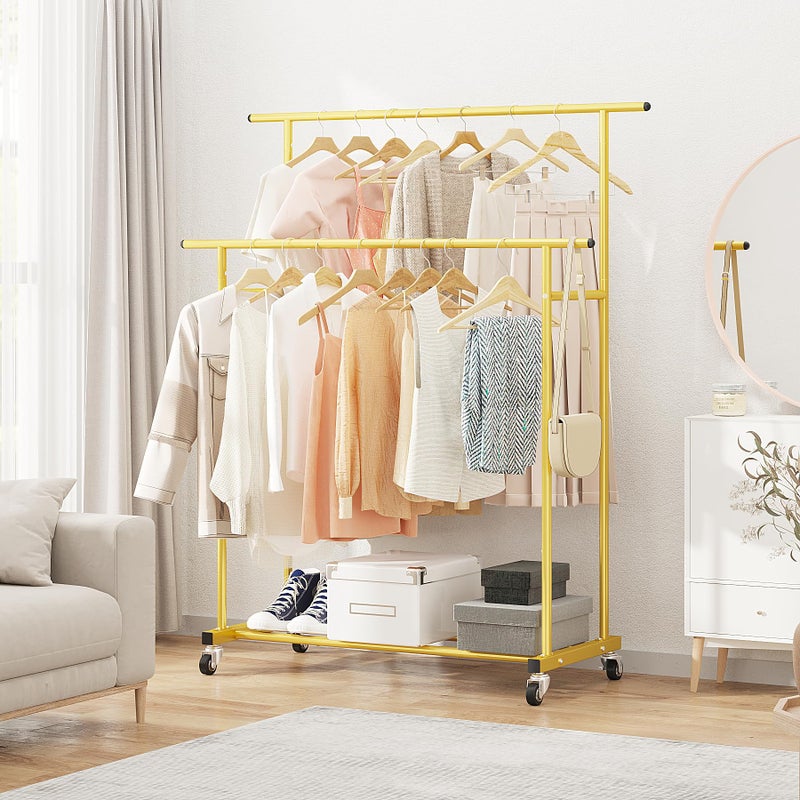 Calmootey Double Rod Clothing Garment Rack,Rolling Hanging Clothes Rack,Portable Clothes Organizer for Bedroom,Living Room,Clothing Store,Gold - Image 5