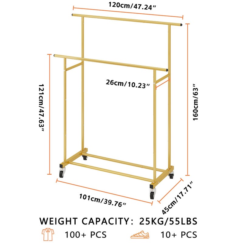 Calmootey Double Rod Clothing Garment Rack,Rolling Hanging Clothes Rack,Portable Clothes Organizer for Bedroom,Living Room,Clothing Store,Gold - Image 3