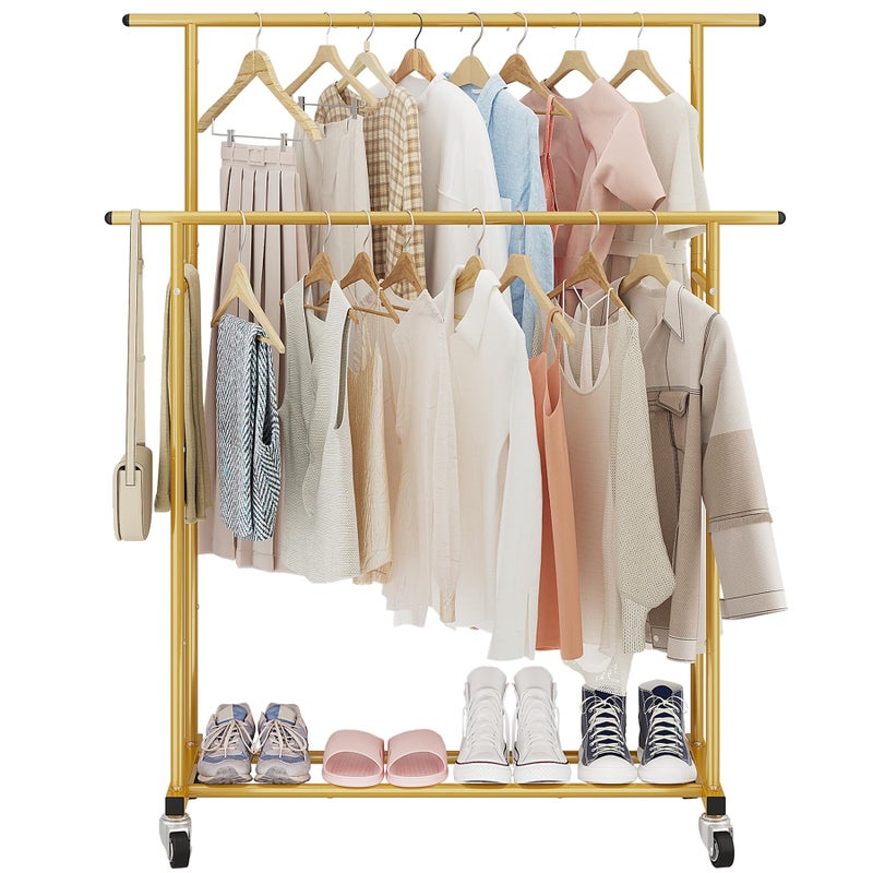 Calmootey Double Rod Clothing Garment Rack,Rolling Hanging Clothes Rack,Portable Clothes Organizer for Bedroom,Living Room,Clothing Store,Gold - Image 2