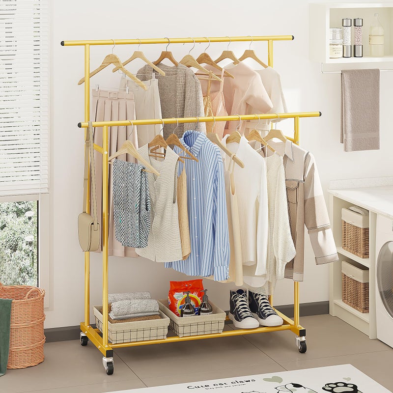 Calmootey Double Rod Clothing Garment Rack,Rolling Hanging Clothes Rack,Portable Clothes Organizer for Bedroom,Living Room,Clothing Store,Gold - Image 4