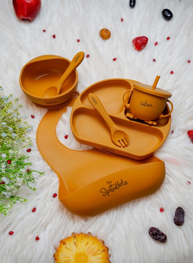 Sproutlets 6 Pcs Silicone Baby Feeding Set | BPA-Free Baby Dinner Set with Suction Plate, Bowl, Bib, Cup, Spoon & Fork | Microwave & Dishwasher Safe | 6+ Months (Ginger Yellow) - Image 1