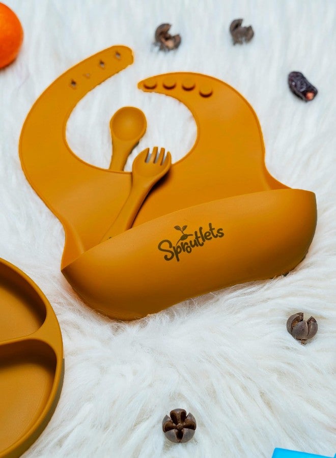 Sproutlets 6 Pcs Silicone Baby Feeding Set | BPA-Free Baby Dinner Set with Suction Plate, Bowl, Bib, Cup, Spoon & Fork | Microwave & Dishwasher Safe | 6+ Months (Ginger Yellow) - Image 5