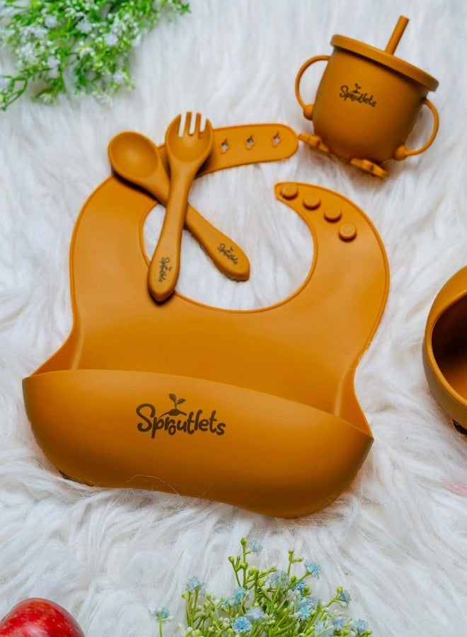 Sproutlets 6 Pcs Silicone Baby Feeding Set | BPA-Free Baby Dinner Set with Suction Plate, Bowl, Bib, Cup, Spoon & Fork | Microwave & Dishwasher Safe | 6+ Months (Ginger Yellow) - Image 3