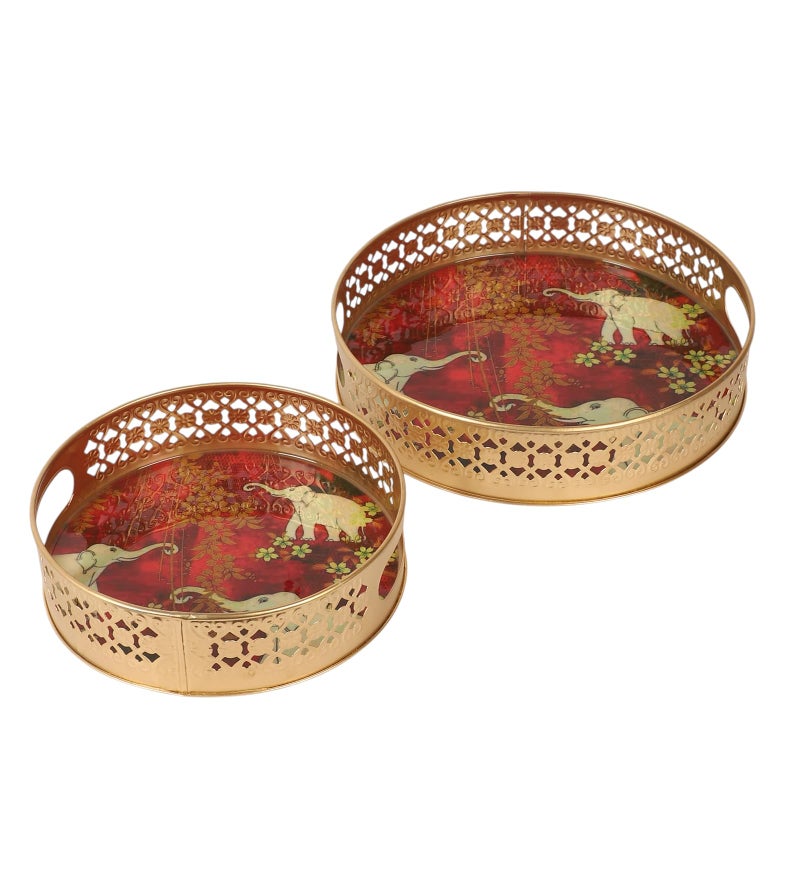 Two Moustaches Elephants Design Serving Trays Set (8 Inches & 10 Inches), Plates for Home, Platters for Tea/Coffee/Fruits/Snacks, Decorative Pichwai Tray for Diwali, Multicolored,- Pack of 2 - Image 4