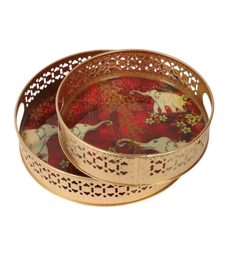 Two Moustaches Elephants Design Serving Trays Set (8 Inches & 10 Inches), Plates for Home, Platters for Tea/Coffee/Fruits/Snacks, Decorative Pichwai Tray for Diwali, Multicolored,- Pack of 2 - Image 2