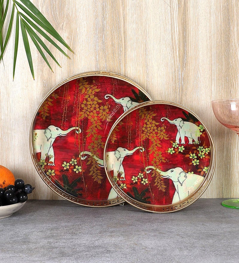 Two Moustaches Elephants Design Serving Trays Set (8 Inches & 10 Inches), Plates for Home, Platters for Tea/Coffee/Fruits/Snacks, Decorative Pichwai Tray for Diwali, Multicolored,- Pack of 2 - Image 3