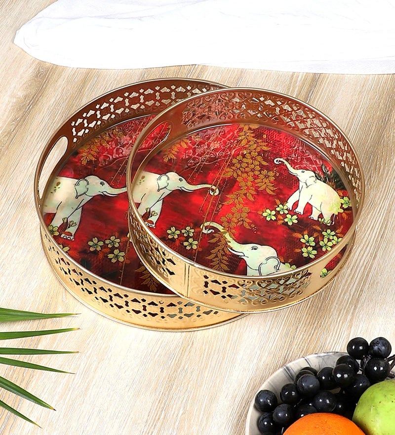 Two Moustaches Elephants Design Serving Trays Set (8 Inches & 10 Inches), Plates for Home, Platters for Tea/Coffee/Fruits/Snacks, Decorative Pichwai Tray for Diwali, Multicolored,- Pack of 2 - Image 1