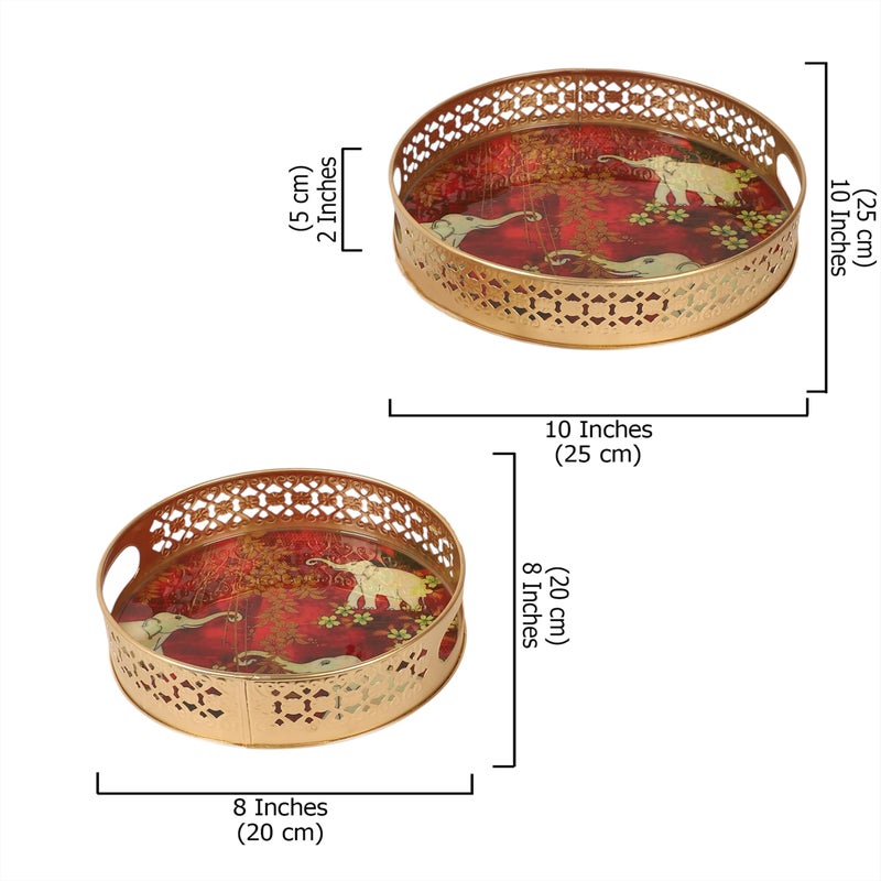 Two Moustaches Elephants Design Serving Trays Set (8 Inches & 10 Inches), Plates for Home, Platters for Tea/Coffee/Fruits/Snacks, Decorative Pichwai Tray for Diwali, Multicolored,- Pack of 2 - Image 5