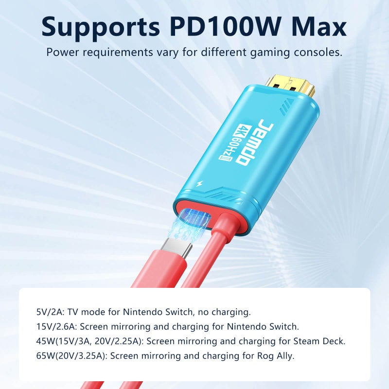 JEMDO Switch 2 HDMI Cable Dock Station,4K 60 Hz 18 Gbps USB C to HDMI 2.0 6.6 ft,100 W PD Play While Charging,Portable Travel TV Adapter Compatible with Nintendo Switch 2(Only Below V21.0.0)/2017/OLED - Image 5