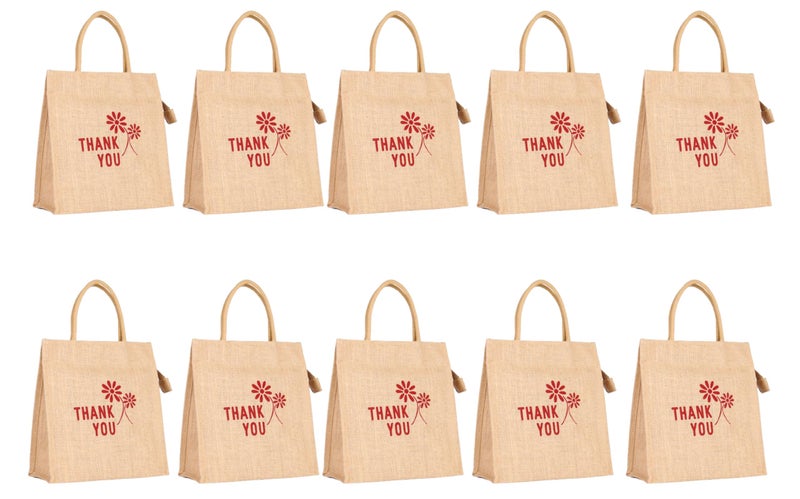 Soman Jute Ecofriendly Return Gift Bags (Tote style) Thank you printed with Zip Natural Pack of 10 Bags - Image 1