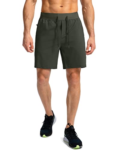 Soothfeel Men's Running Shorts with Zipper Pockets 7 Inch Lightweight Quick Dry Gym Athletic Workout Shorts for Men (Army Green, M) - Image 2