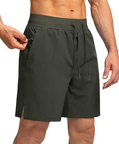 Soothfeel Men's Running Shorts with Zipper Pockets 7 Inch Lightweight Quick Dry Gym Athletic Workout Shorts for Men (Army Green, M) - Image 1
