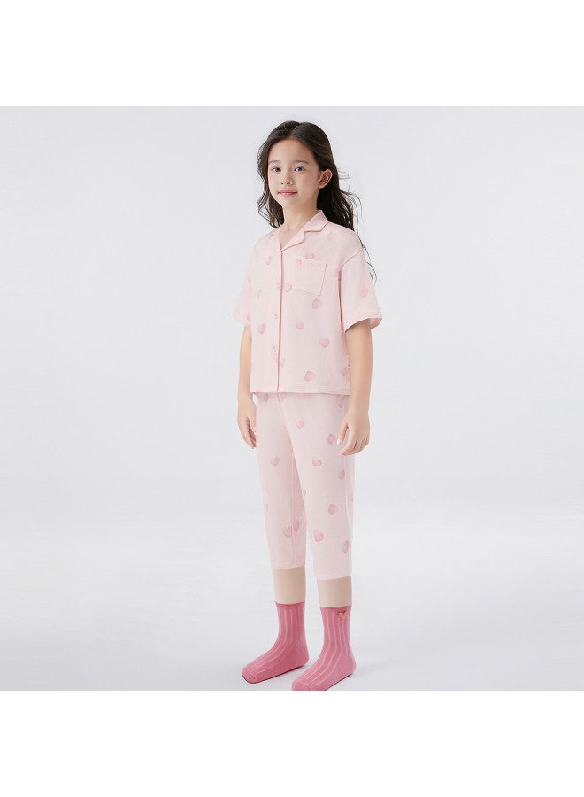 Balabala Girls' Pajama Set Summer New Air-conditioning Outfit Kids Homewear Middle & Big Girls Cool Touch Breathable Short Sleeve Set - Image 3