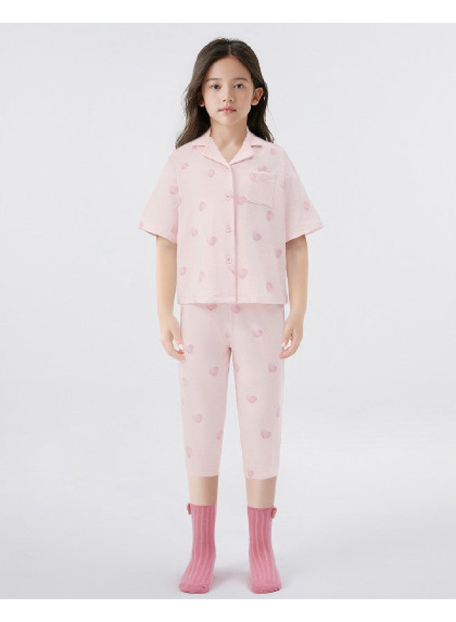 Balabala Girls' Pajama Set Summer New Air-conditioning Outfit Kids Homewear Middle & Big Girls Cool Touch Breathable Short Sleeve Set - Image 1